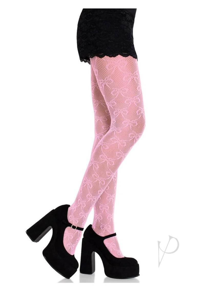 Leg Avenue Bow Net Tights in pink displayed on model wearing black high heels and skirt.