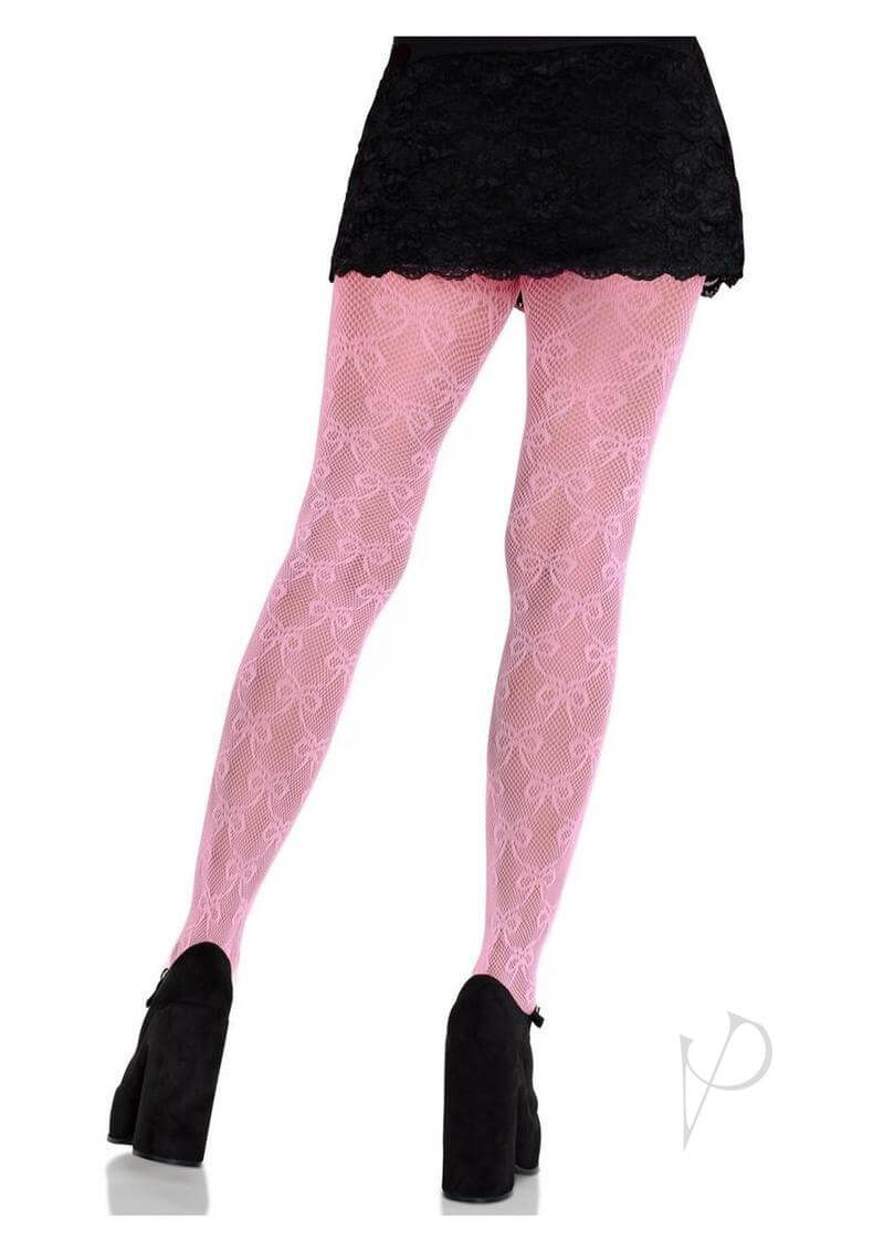 Leg Avenue Bow Net Tights in Pink OS worn with a black lace skirt, showcasing elegant, seductive design.