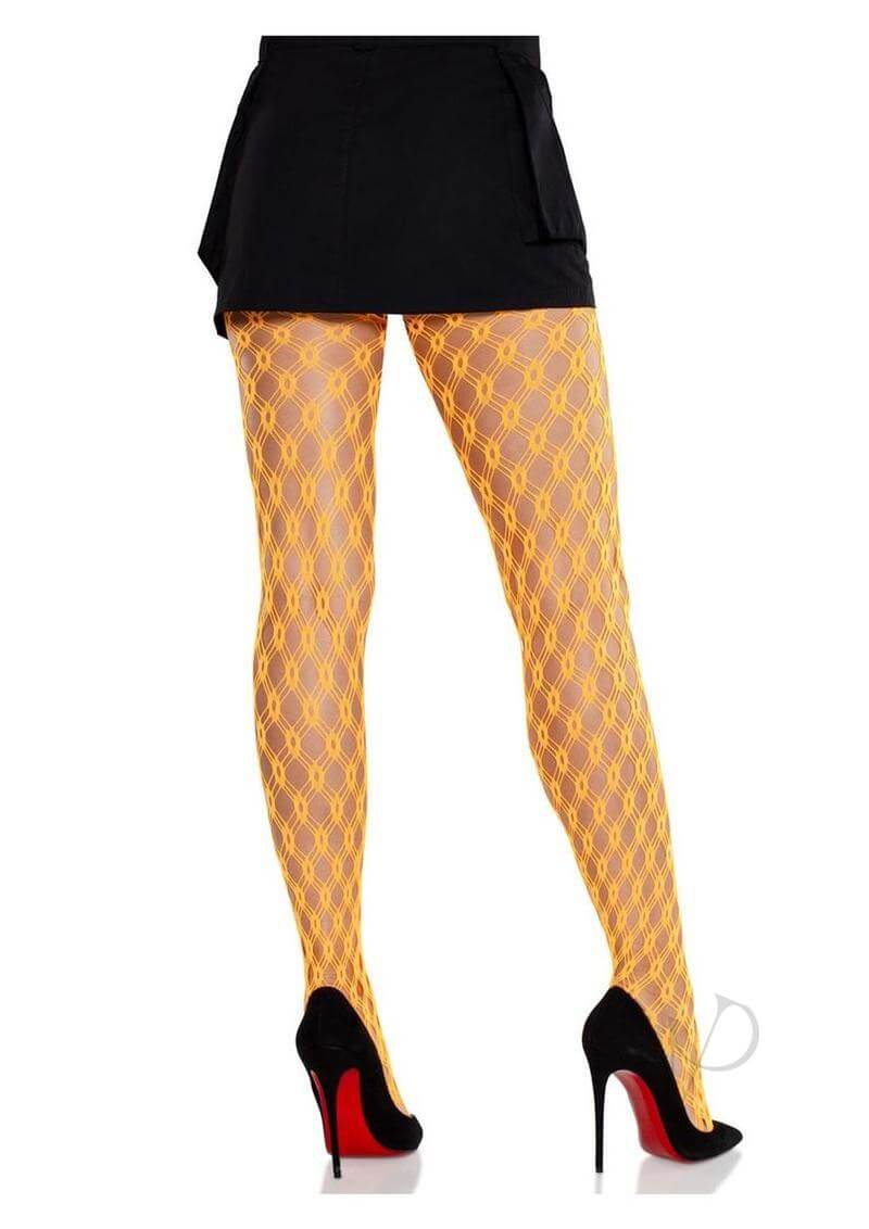 Leg Avenue neon orange eyelet net tights worn under a stylish black skirt, paired with elegant heels.