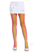 Leg Avenue Neon Rainbow Striped Tights in multicolor, paired with a white skirt for a stylish look.