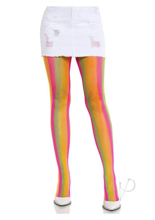 Leg Avenue Neon Rainbow Striped Tights in multicolor, paired with a white skirt for a stylish look.