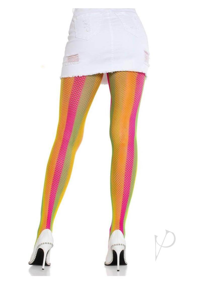 Leg Avenue Neon Rainbow Striped Tights in multicolor, paired with a white skirt and heels for a vibrant, stylish look.