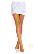 Leg Avenue neon rainbow striped tights in multicolor, worn with a white distressed skirt for a trendy look.