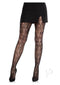 Leg Avenue Camellia Lace Tights in black showcased with a mini skirt, enhancing curves and confidence.