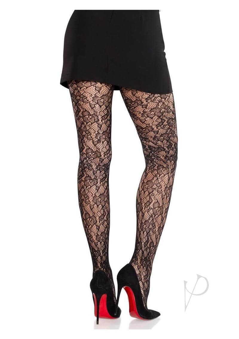 Leg Avenue Camellia Lace Tights in black, showcasing intricate lace design paired with stylish black heels.
