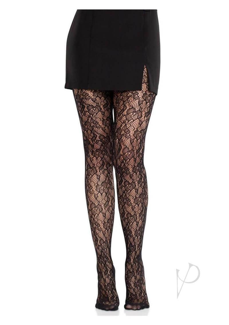 Leg Avenue Camellia Lace Tights in Black showcasing intricate lace design and perfect fit, enhancing curves and confidence.