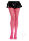 Leg Avenue Eyelet Net Tights in Neon Pink, paired with a black ruffled skirt for a bold, stylish look.