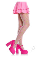 Leg Avenue Rosette Jacquard Spandex Sheer Tights styled with a pink skirt and bright pink heels.