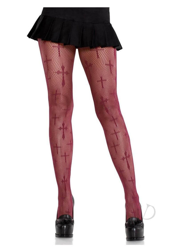 Burgundy cross net tights from Leg Avenue styled with a black skirt, perfect for a bold, sexy look.