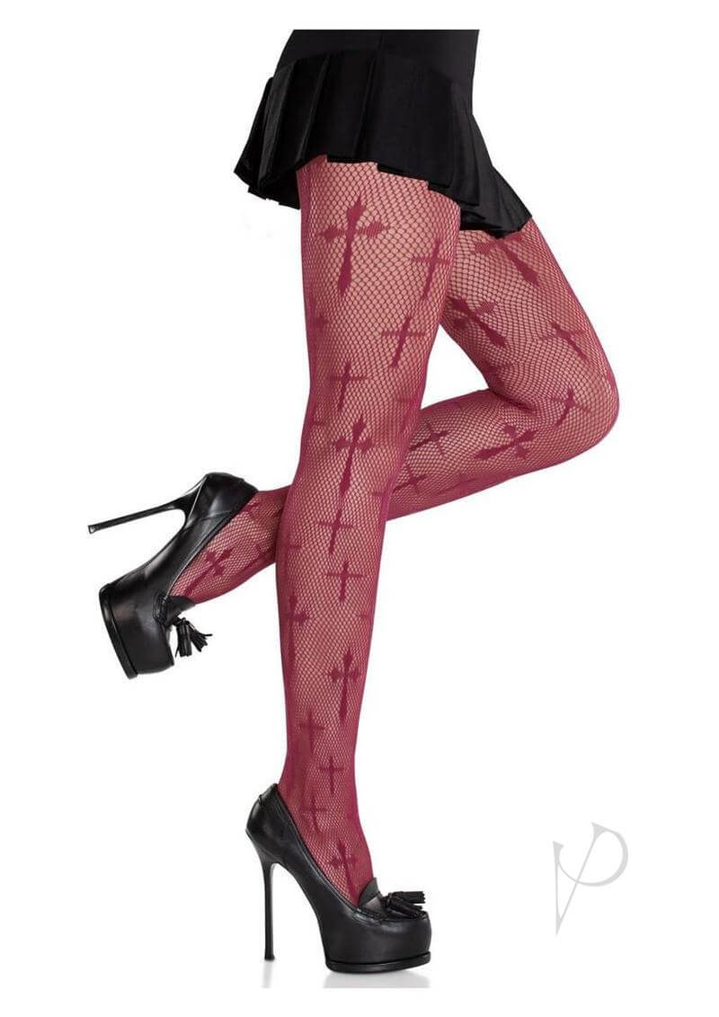 Leg Avenue burgundy cross net tights styled with a black skirt and high heels for a seductive look.