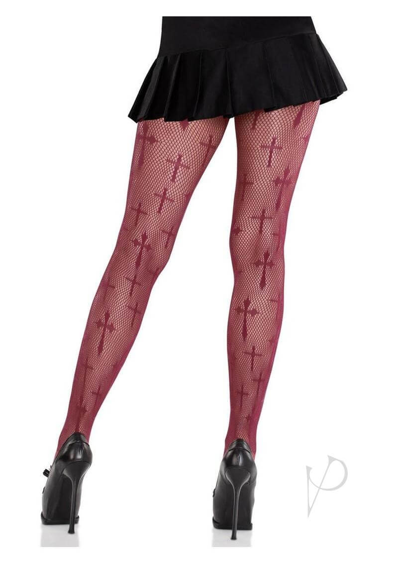 Burgundy cross net tights by Leg Avenue, paired with a black skirt and heels, showcasing a bold and elegant style.