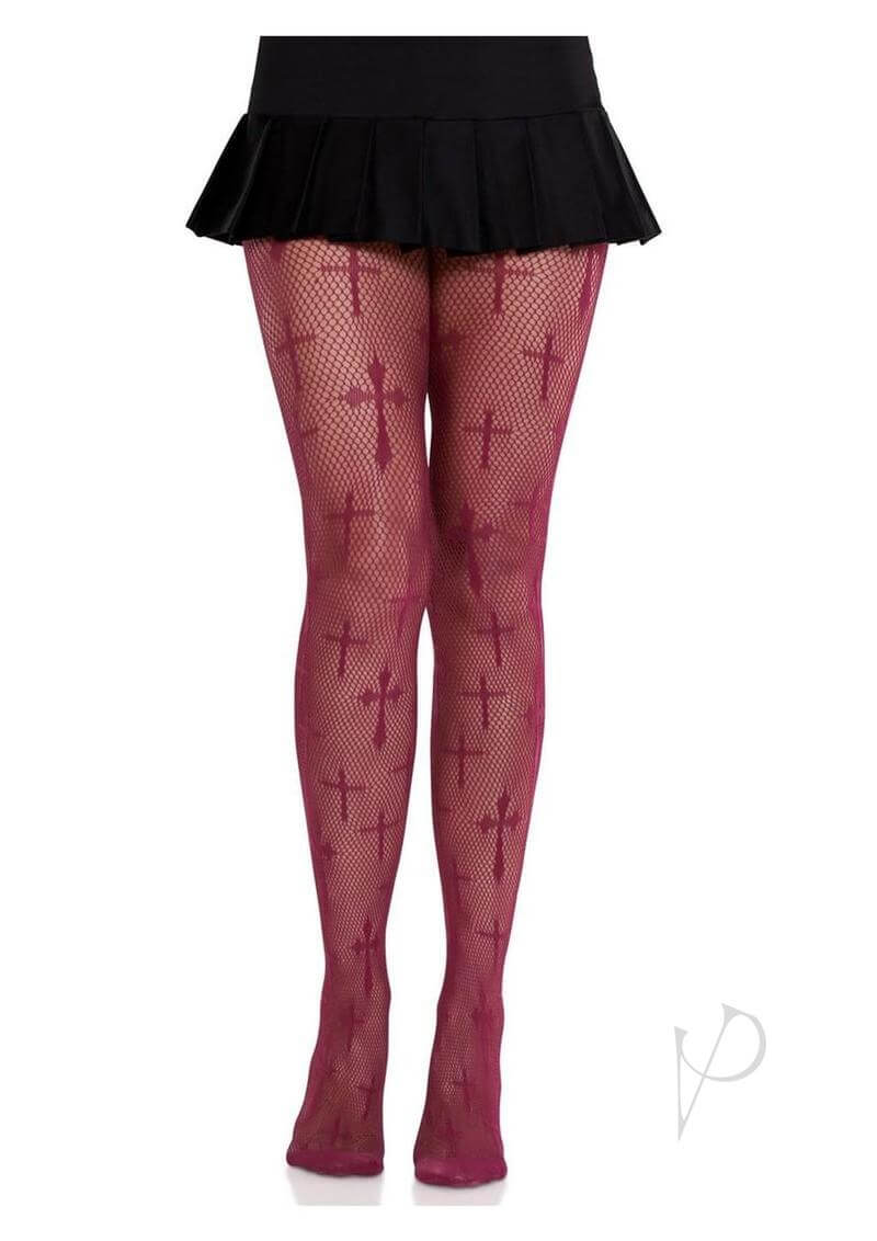 Leg Avenue Burgundy Worship Me Cross Net Tights styled with a black flared skirt for a chic look.