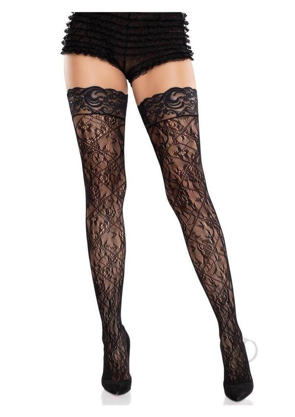 Leg Avenue Stay Up Lace Top Cross Hatch Floral Thigh Black stockings with ruffled shorts, showcasing elegant design.