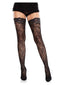 Leg Avenue Stay Up Lace Top Cross Hatch Floral Thigh Black stockings with ruffled shorts, showcasing elegant design.