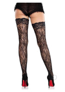Leg Avenue Stay Up Lace Top Black Thigh Stockings with Floral Pattern and High Heels