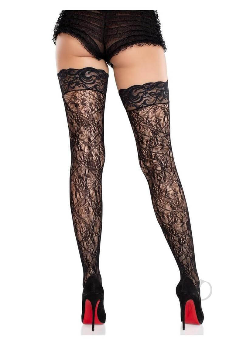 Leg Avenue Stay Up Lace Top Black Thigh Stockings with Floral Pattern and High Heels
