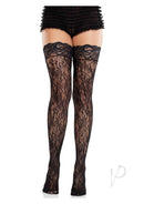Leg Avenue black lace thigh highs with floral pattern, perfect for lingerie and seductive wear.