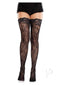 Leg Avenue black lace thigh highs with floral pattern, perfect for lingerie and seductive wear.