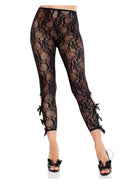 Black floral lace capri tights with scalloped trim and bows at the hem, perfect for a seductive look.