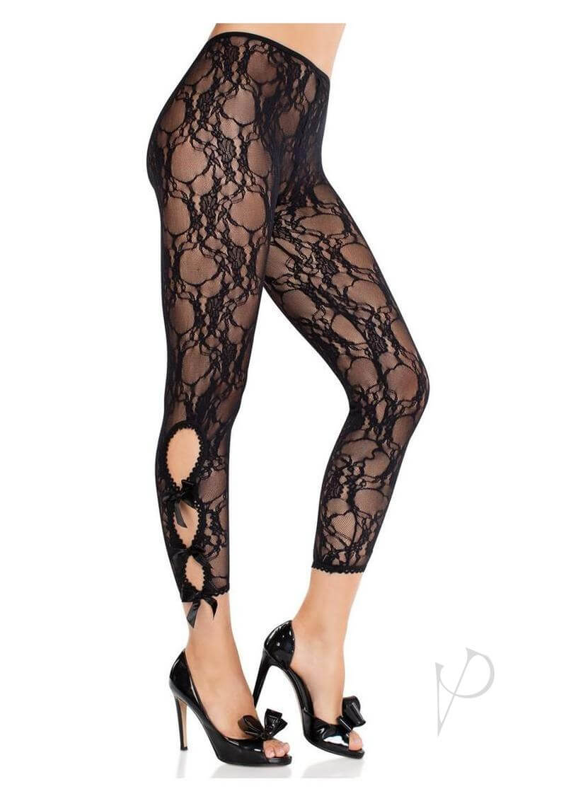 Leg Avenue scalloped trimmed floral lace capri tights in black, featuring a seductive design with stylish cutouts.