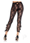 Black floral lace capri tights with scalloped trim and bow details on the ankles, showcasing a sensual silhouette.