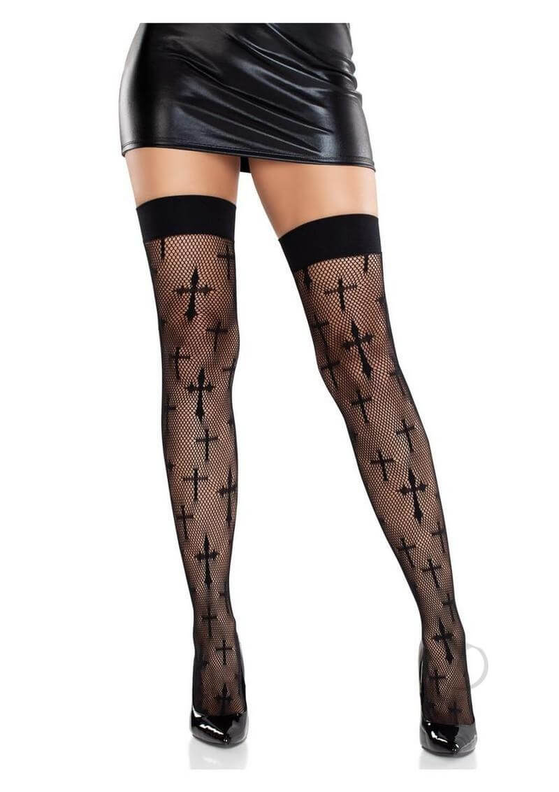 Worship Me Cross Net Thigh Highs Black O-0