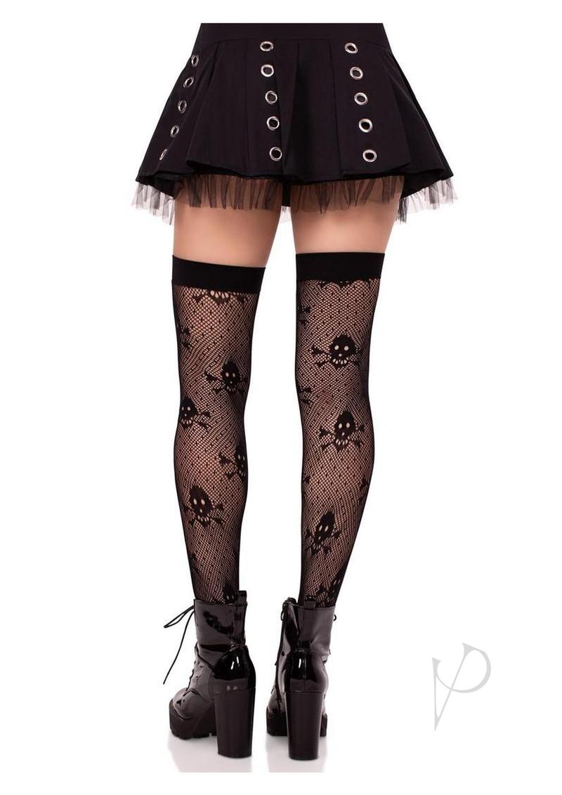 Dotted Net Skull Thigh Highs Black O/s-2