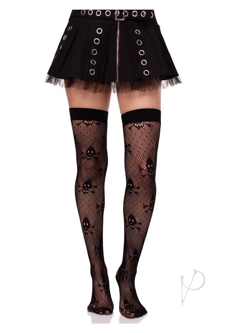 Dotted Net Skull Thigh Highs Black O/s-3