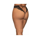 Dreamgirl Lace Tanga Open Crotch Panty Black 3X displayed at an angle showcasing the lace design and open back.