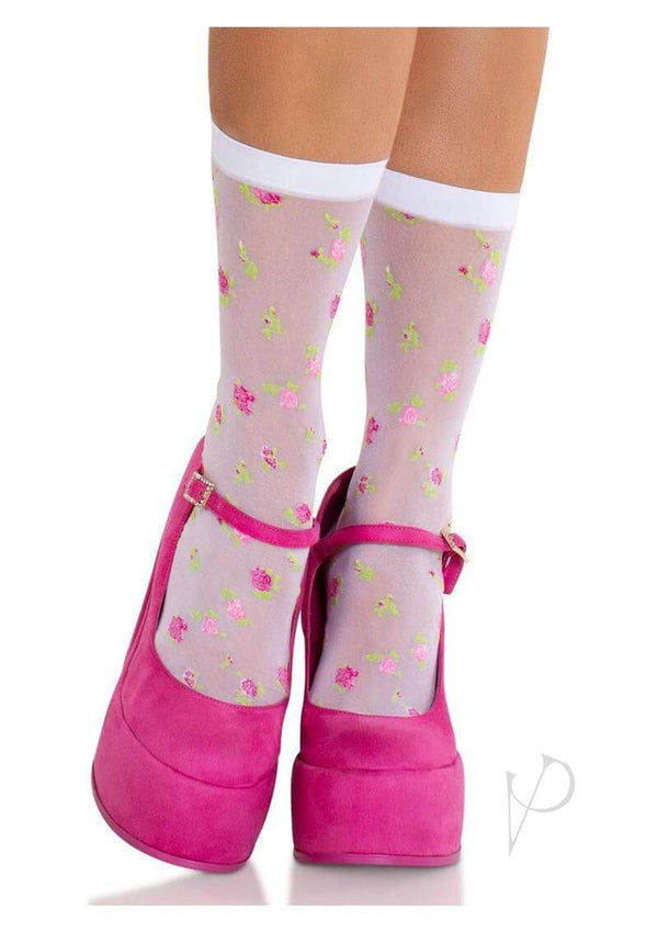 Leg Avenue Rosette Jacquard Spandex Sheer Anklets paired with pink high heels, showcasing floral design and playful style.