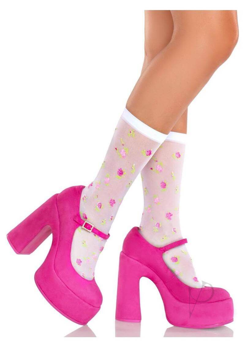 Leg Avenue Rosette Jacquard Spandex Sheer Anklets styled with vibrant pink platform heels.