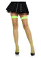 Leg Avenue neon green thigh high fence net stockings worn with a short black skirt for a seductive look.
