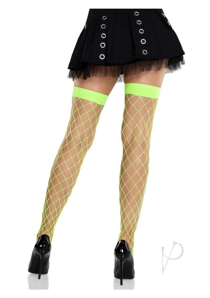 Leg Avenue Neon Green Fence Net Thigh Highs worn with a black skirt and heels, perfect for a bold, seductive look.