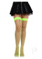 Leg Avenue Fence Net Thigh Highs in Neon Green paired with a black skirt, perfect for a seductive look.
