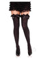 Elegant black thigh high stockings with lace garter and satin bow accent, paired with stylish heels.