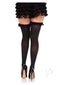 Leg Avenue black lace thigh highs with satin bows, featured with a ruffled black skirt and high heels, embodying elegance and sensuality.