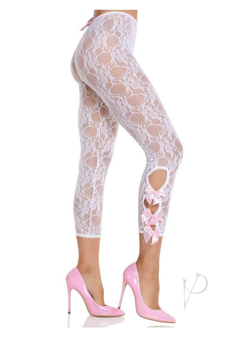 Leg Avenue white scalloped floral lace footless capri tights with pink bows and high heels, perfect for stylish lingerie looks.