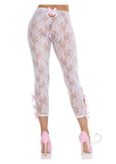Leg Avenue white scalloped floral lace footless capri tights with pink bows, showcasing a sexy and stylish lingerie design.
