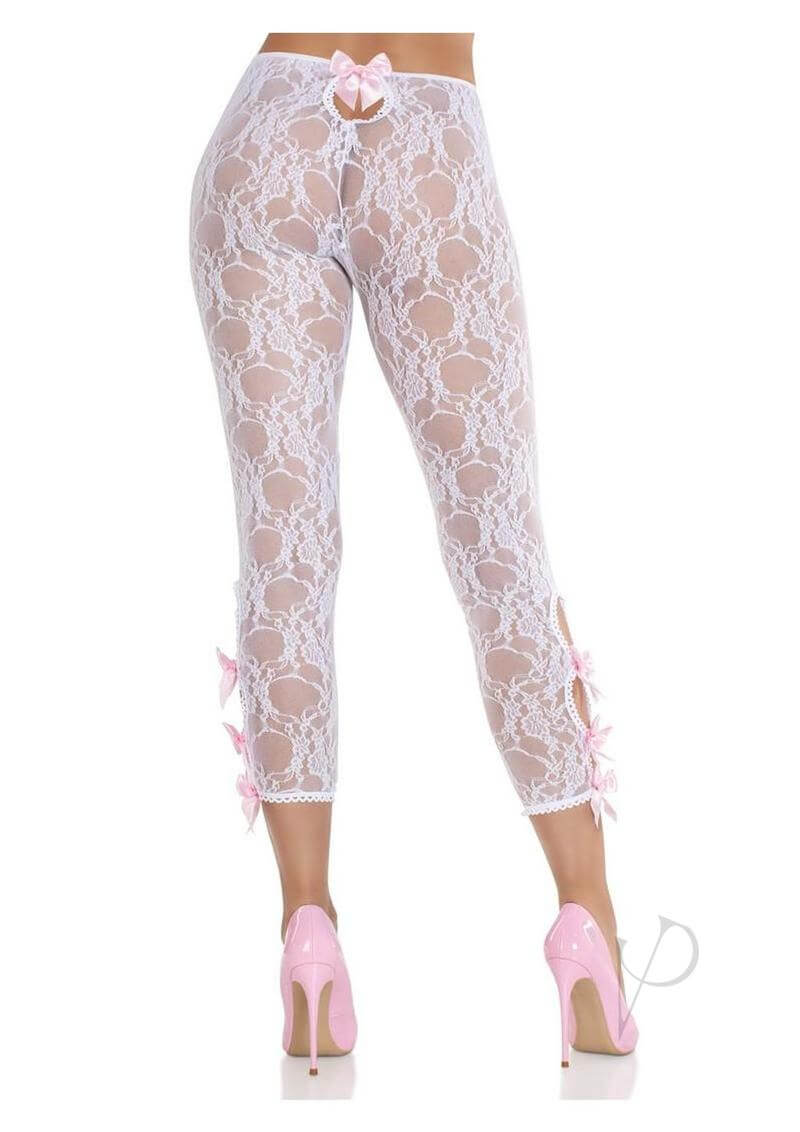 Leg Avenue white scalloped floral lace footless capri tights with pink bows, showcasing a sexy and stylish lingerie design.