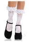 White floral lace ruffle top anklets worn with black heels, showcasing elegance and sensuality.