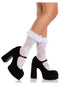 Leg Avenue white floral lace ruffle top anklets worn with black high heels showing elegance and style.