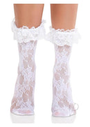 Leg Avenue Floral Lace Ruffle Top Anklets in White, featuring delicate lace and ruffled edge for a stylish look.