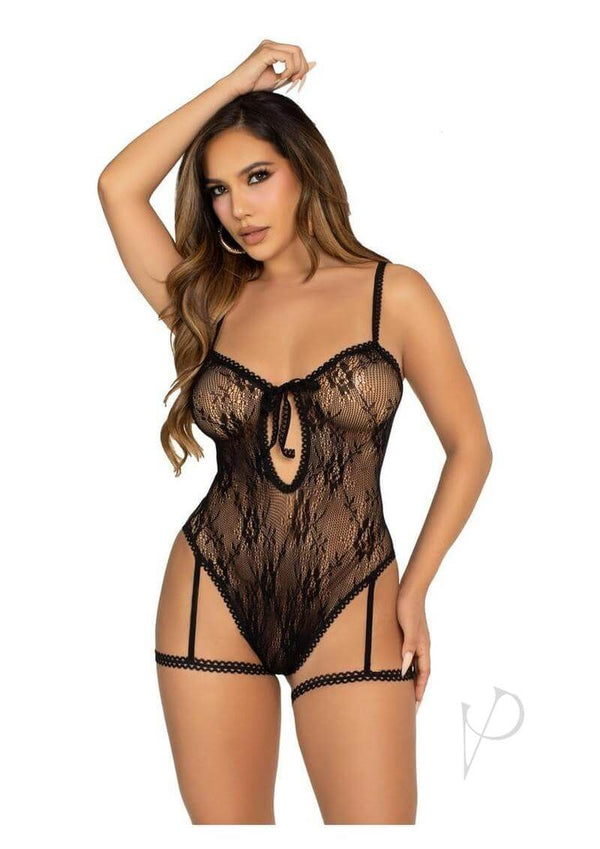 Leg Avenue Lace Garter Teddy with Keyhole Front in black, featuring seductive lace and stylish straps.