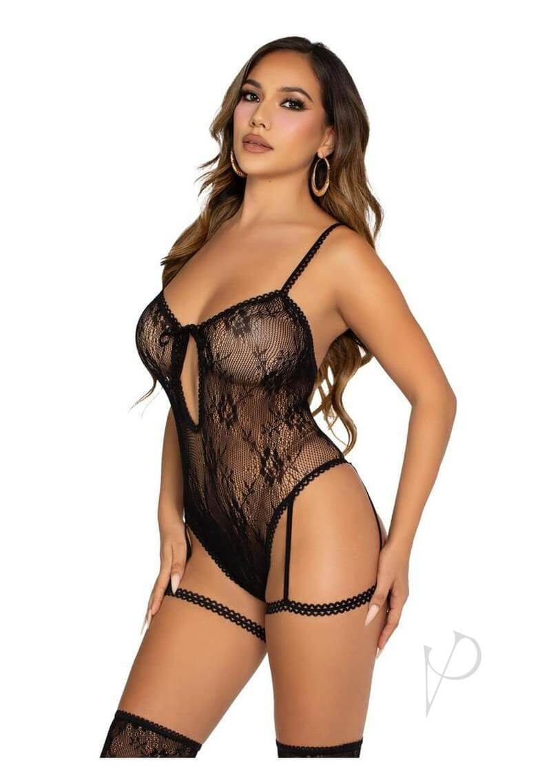 Model wearing Leg Avenue Lace Garter Teddy with Keyhole Front in black, showcasing elegance and sensuality.