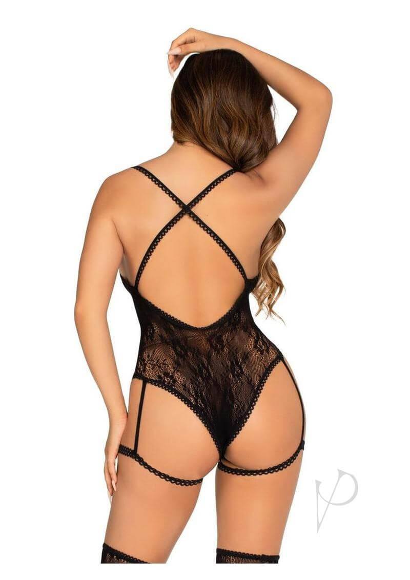 Leg Avenue Lace Garter Teddy in black showing keyhole front and crossover back straps.