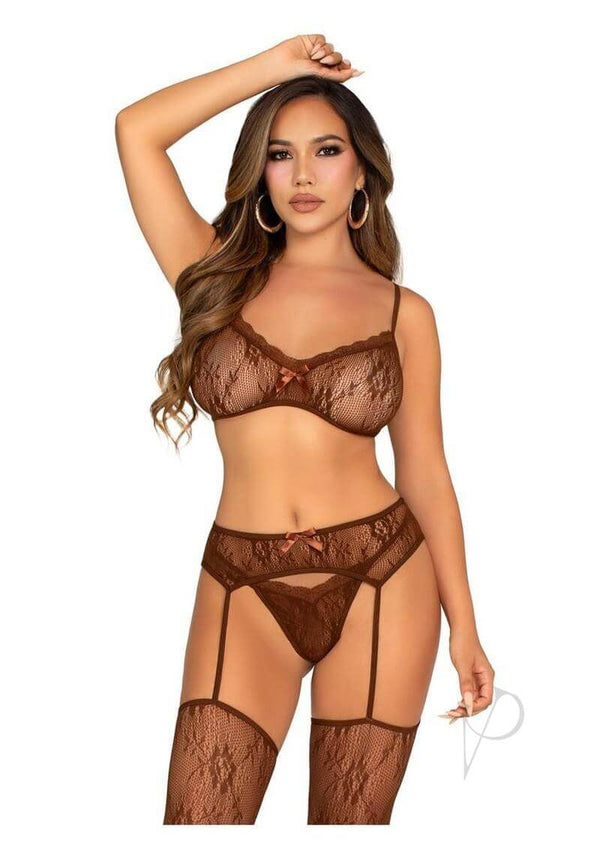 Leg Avenue Lace Bra Top in Cocoa with Mini Bow, G-String, and Garter Belt Stockings for an elegant lingerie look.