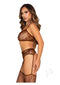 Leg Avenue lace bra top with mini bow detail, V-Front G-String, and garter belt stockings in cocoa color.
