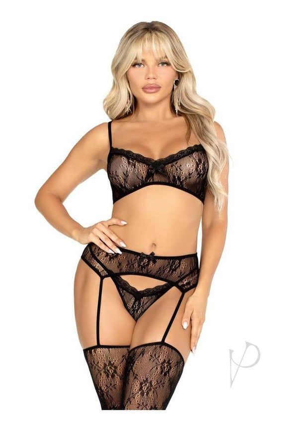 Leg Avenue lace bra top with G string stockings in black, showcasing a stylish and sexy lingerie design for confidence.