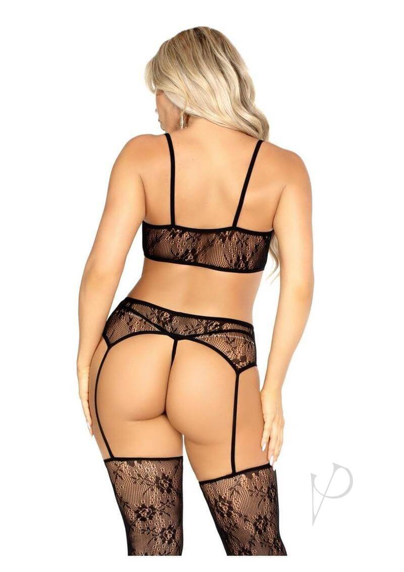 Leg Avenue Black Lace Bra Top and G String Stockings showcasing a stylish and sexy lingerie design from the back.