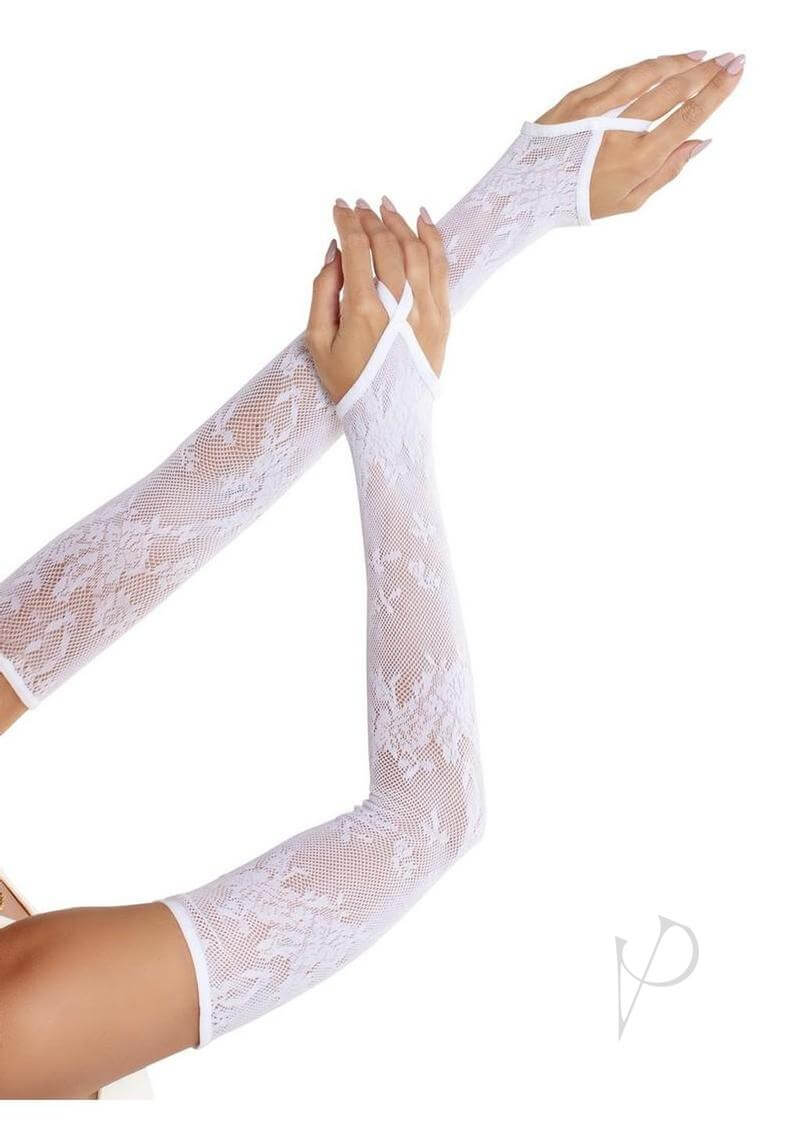 Leg Avenue Floral Net Extra Long Gauntlet Arm Warmers in White, elegant lace design for enhancing confidence and style.